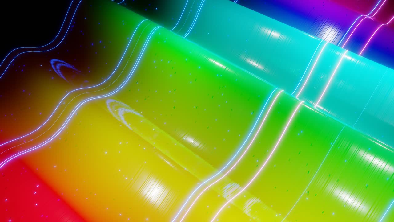 Abstract 3D surface with beautiful waves, luminous sparkles and bright color gradient, colors of rainbow. Waves run on very shiny, glossy surface with glow glitter and glow lines. 4k looped animation