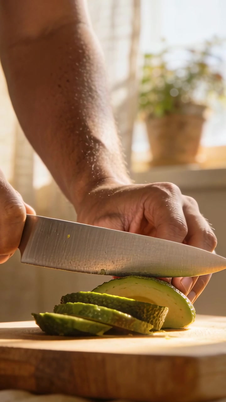 Vertical video: Positioning avocado, hands with bare arm slicing cuts by window with knife to serve