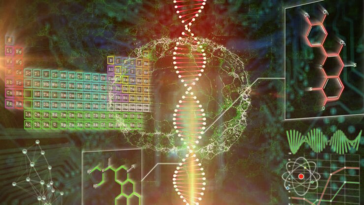 Animation of human brain rotating, dna with infographic data on digital interface