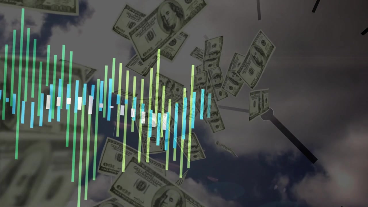 Impulso sonoro che provoca l'innalzamento di una forma d'onda, banconote USD che cadono e vorticano attorno a un orologio, mostrando il flusso di cassa.