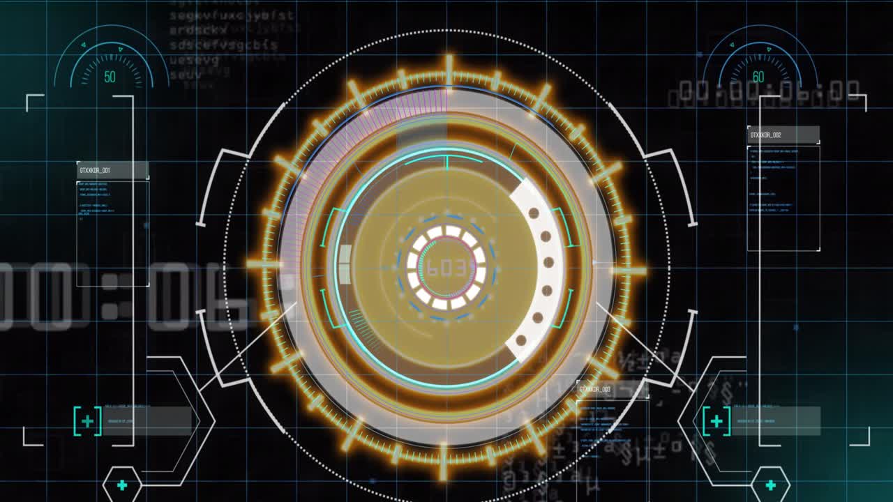 회전하는 둥근 스캐너와 검은 바탕에 대한 데이터 처리 인터페이스의 애니메이션