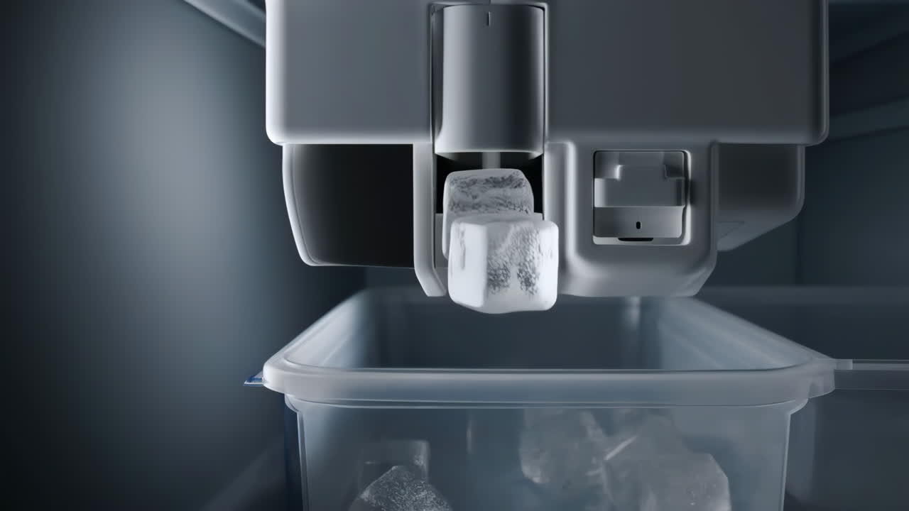 An automatic ice maker dispensing ice cubes into a bin inside a refrigerator