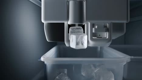an automatic ice maker dispensing ice cubes into a bin inside a refrigerator