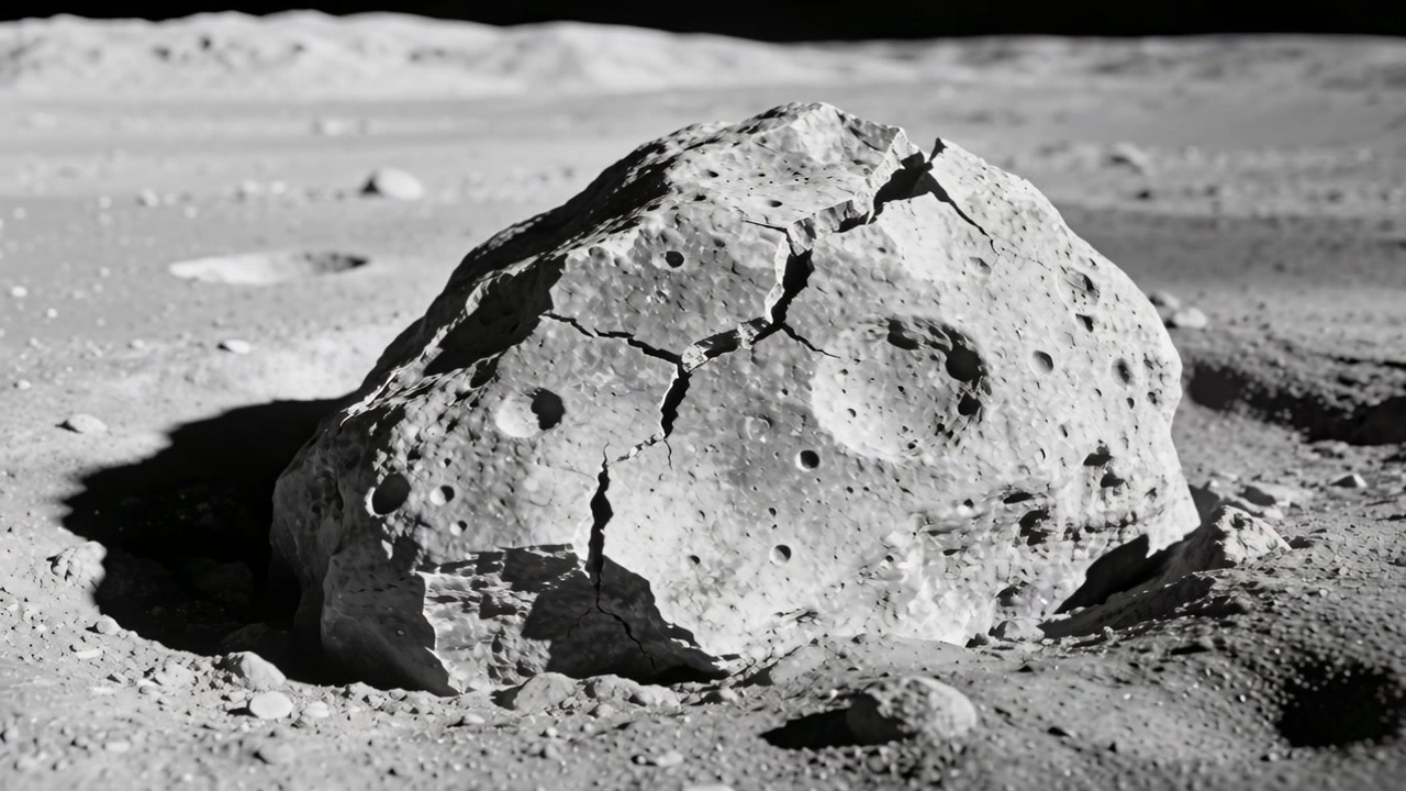 Telecamera che si allontana rivelando un masso crepato su una pianura lunare, mostrando regolite e piccoli crateri.