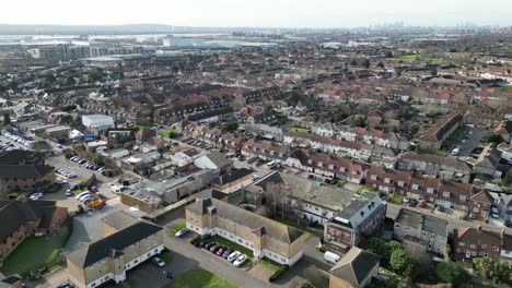 Dagenham-London-UK-city-skyline-in-distance-Drone,-Aerial,-view-from-air,-birds-eye-view