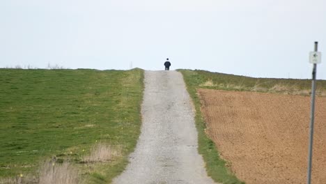 a cyclist pedalling along a gravel road between two fields on a cloudy day