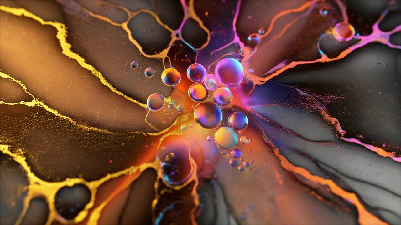 Vista macro astratta di bolle colorate e vortici di pigmento liquido