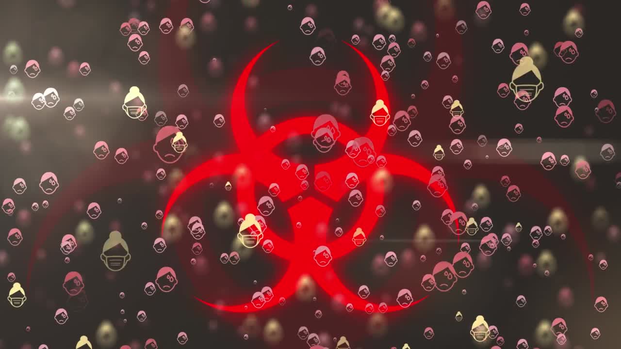 검은색 배경의 경고 표지판 위에 여러 개의 코로나19 아이콘이 떨어지는 애니메이션