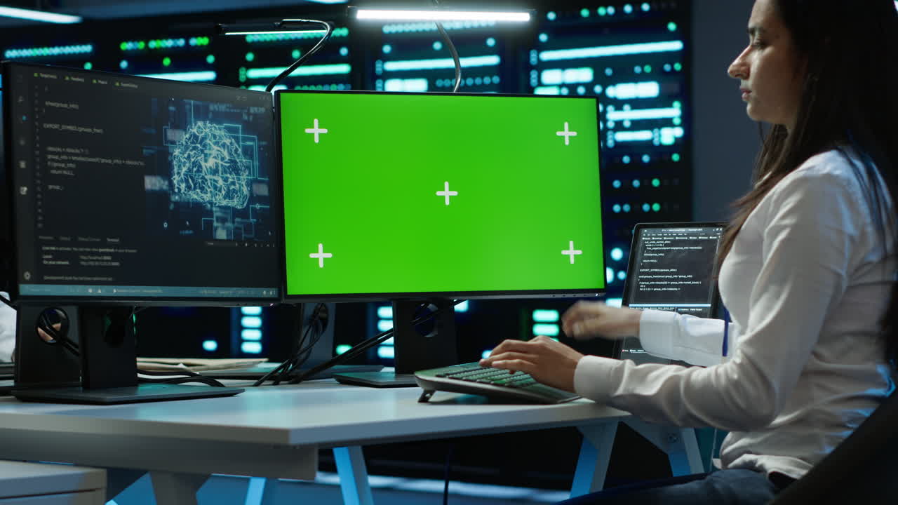 técnico haciendo una comprobación en la pantalla verde del servidor del pc, usando tecnología ai