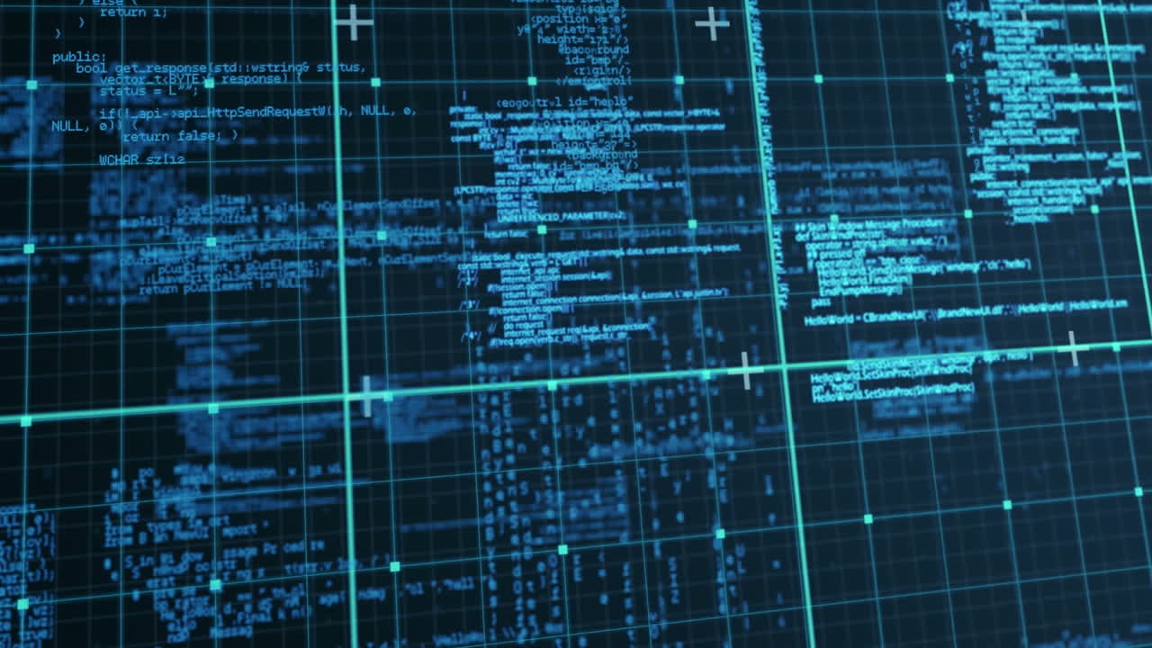 Animation of dots and grid pattern over computer language against black background