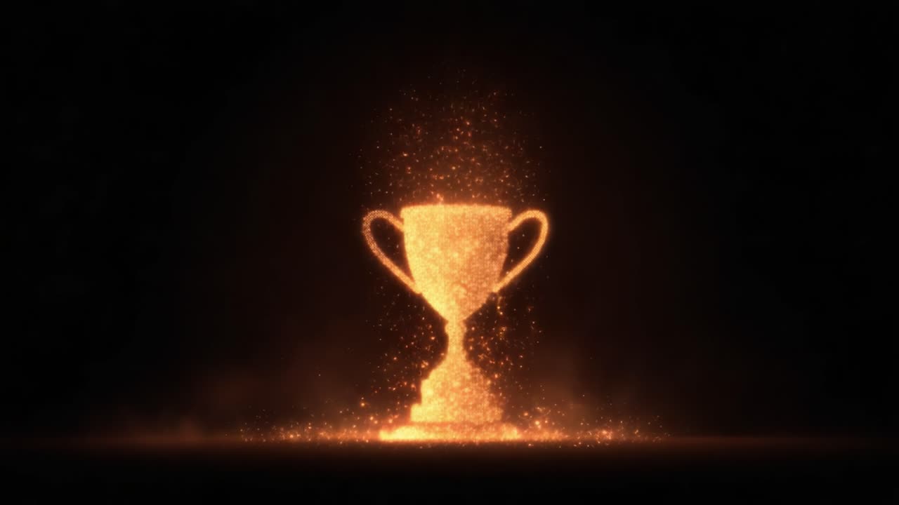 A magnificent glowing trophy radiates sparks of celebration and achievement, symbolizing victory and success in both life and competition, amid a dark backdrop