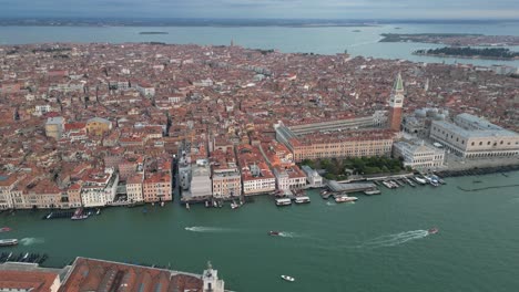 wide angle aerial view of venice waterfront featuring basilica di santa maria della salute and doge's palace.