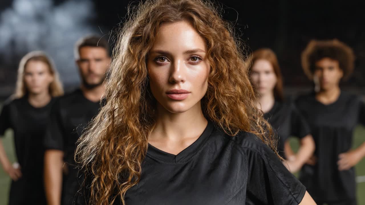 A confident athlete stands at the forefront of her soccer team, showcasing determination and unity, with teammates composed and ready for action in the background under stadium lights
