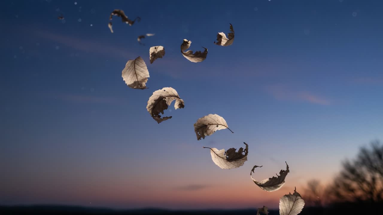 A Captivating Journey of Floating Leaves Through Twilight Skies, Showcasing Nature's Graceful Dance of Transformation Against a Beautiful Dusk Horizon