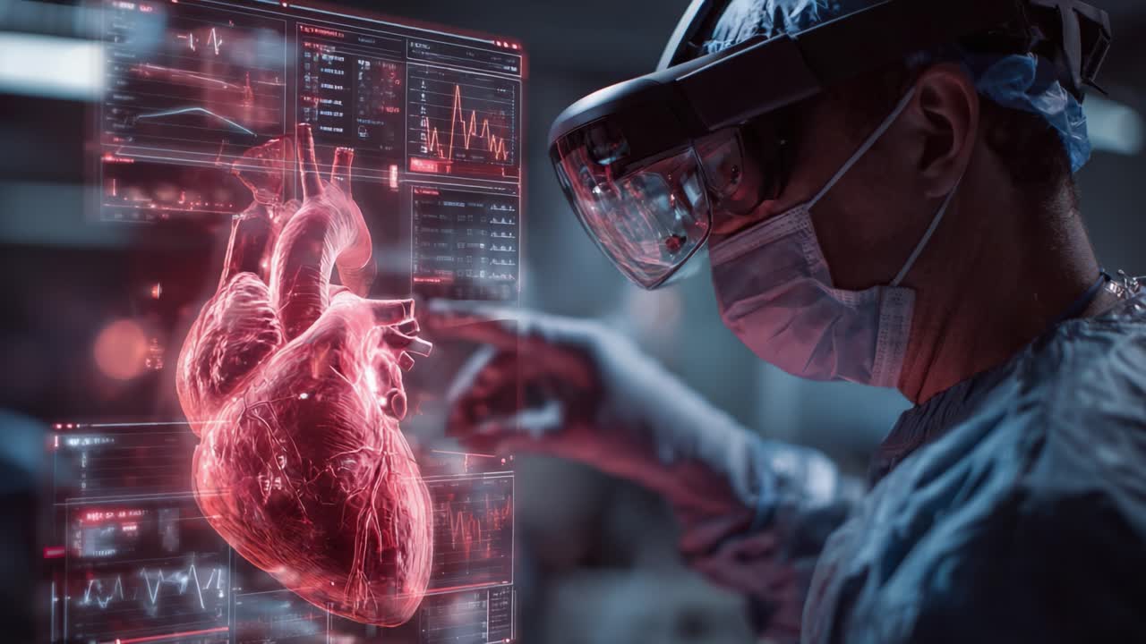 Advanced Medical Technology: A Surgeon Utilizing Augmented Reality to Analyze a 3D Heart Model for Enhanced Surgical Planning and Diagnostics in an Innovative Healthcare Environment