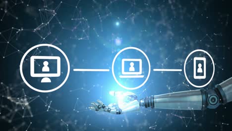 animation of robot arm holding flowchart with laptop, computer, phone icons over connected dots