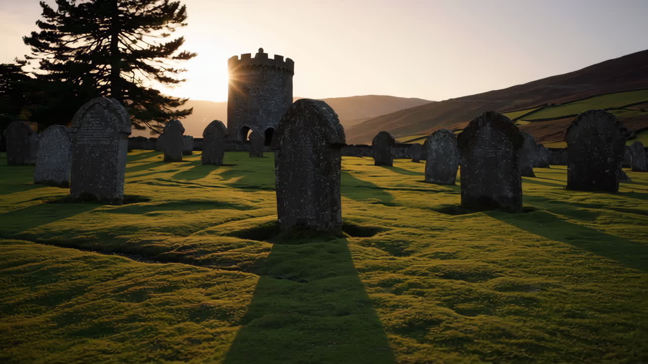 Ancient Graveyard at Sunset with Historical Tower and Carved Gravestones