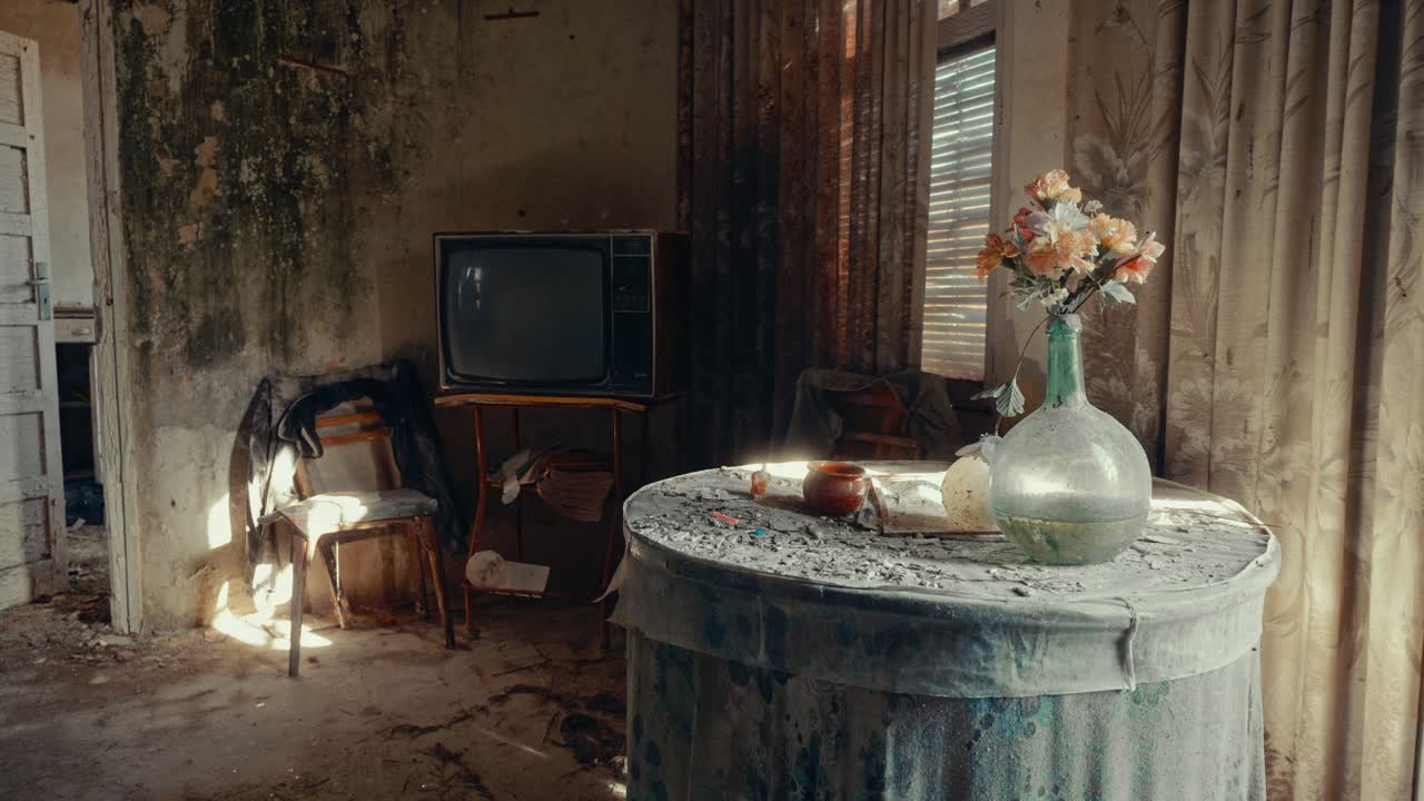 Dusty Abandoned Room with Old Television and Artificial Flowers