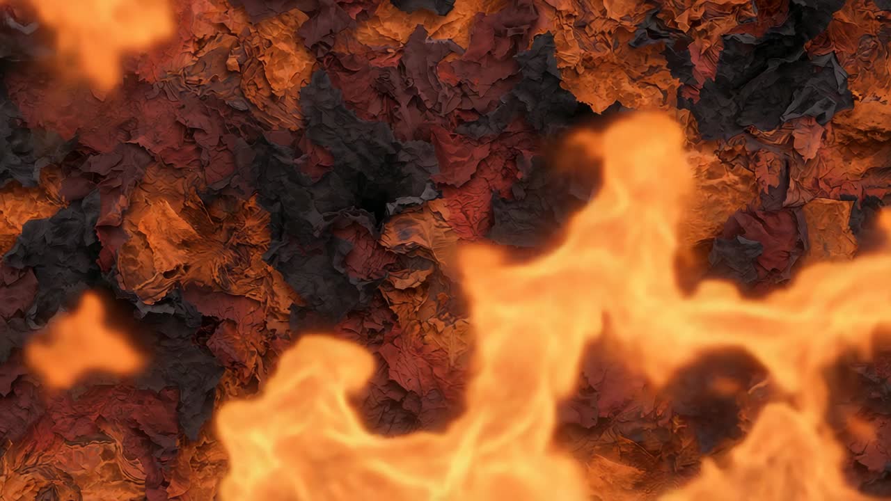 Starter som en svag glød, flakkende orange flammer, der vokser og hvirvler hen over en forkullet overflade
