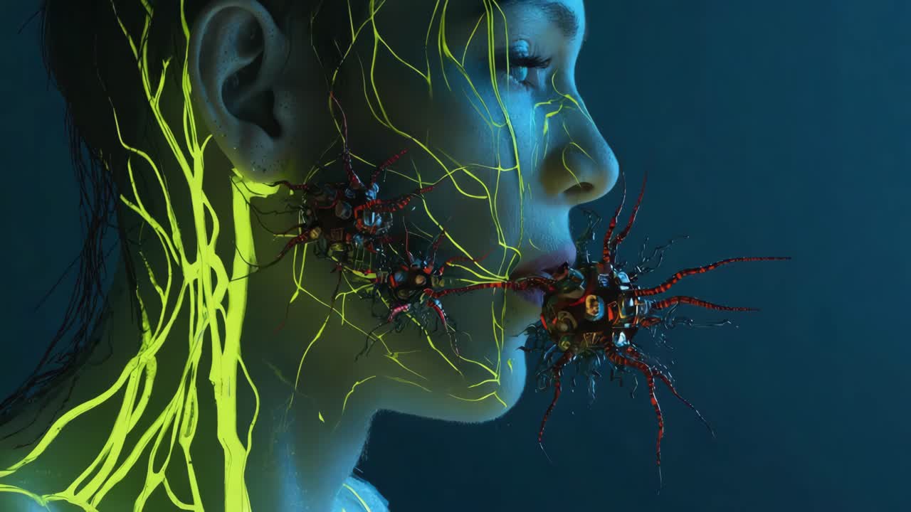 Conceptual image of viruses interacting with a human neural network