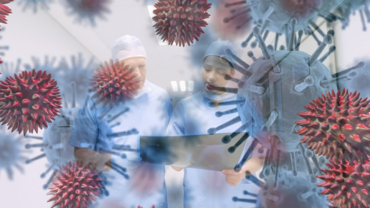 animación de la propagación del coronavirus covid19 con un trabajador de la salud en el fondo