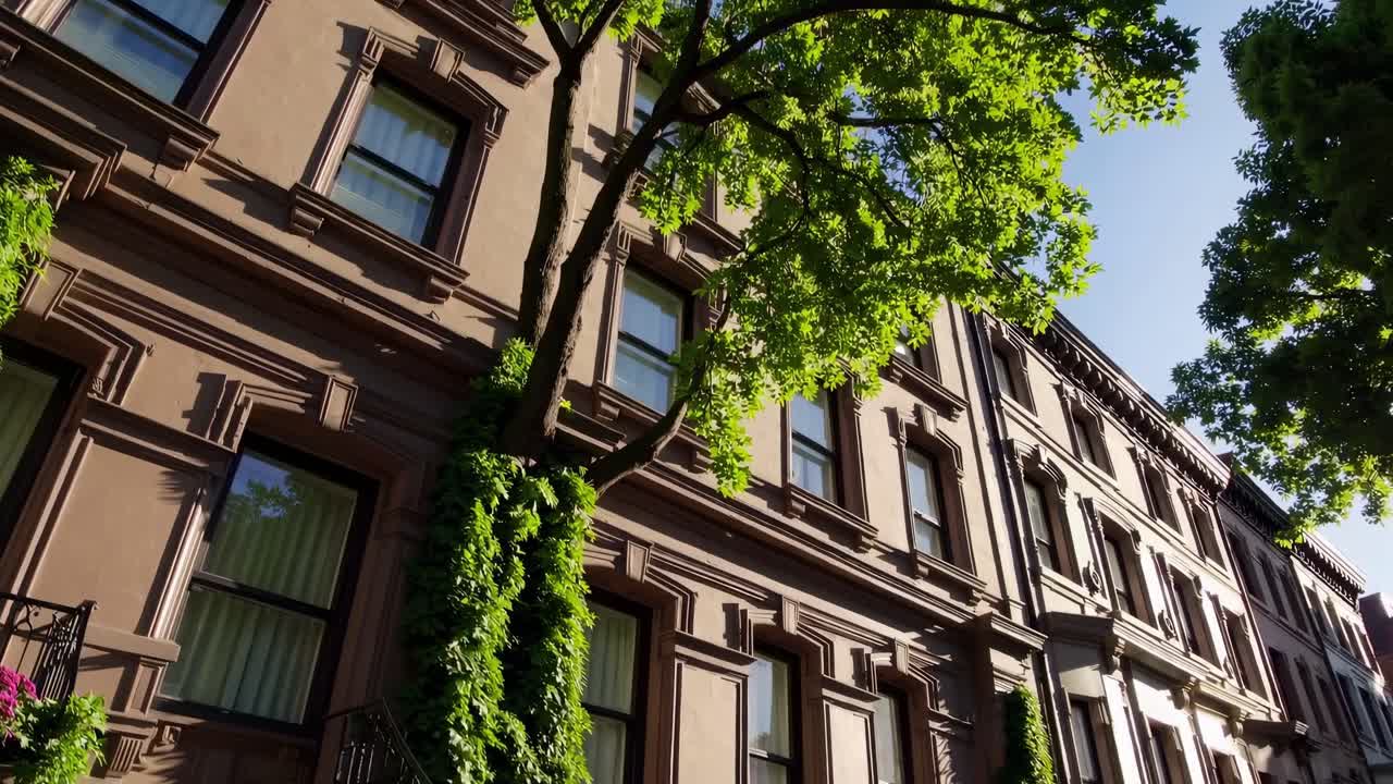Low-angle video shot of classic brownstone buildings with lush green trees, capturing the charm