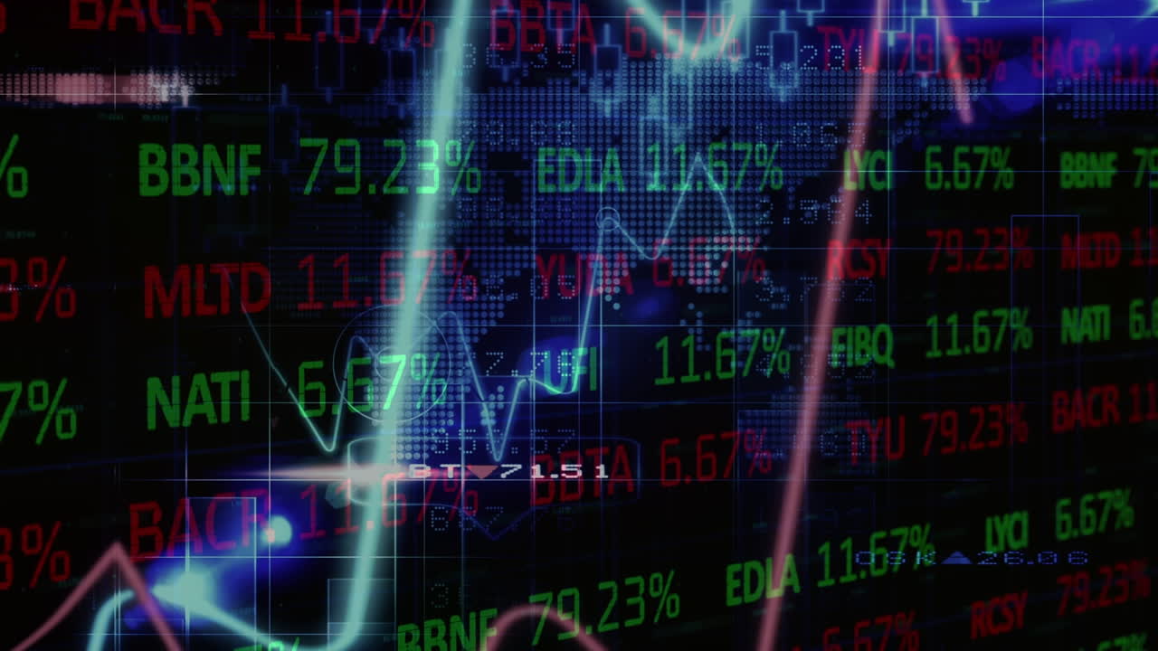 Animazione di elaborazione di dati finanziari e grafici su schermo digitale blu scuro