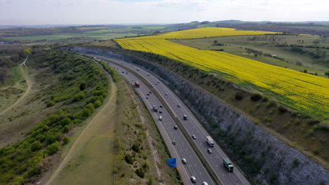 Toma-Aérea-Amplia-Sobre-La-Autopista-M3-Del-Reino-Unido-Construida-A-Través-De-Laderas-Y-Campos-De-Colza