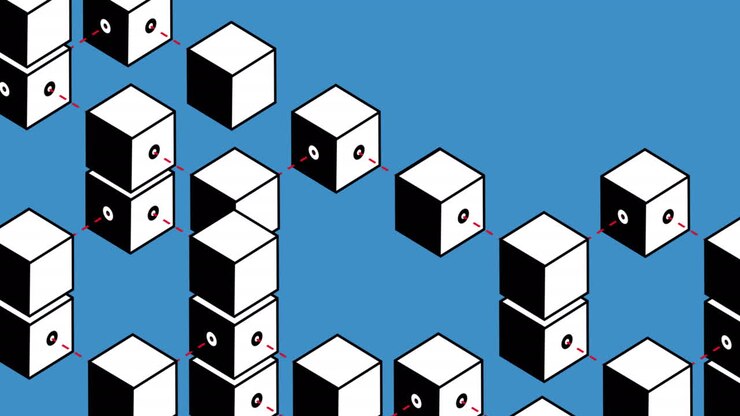 Animation of cube shapes moving in seamless pattern against blue background with copy space