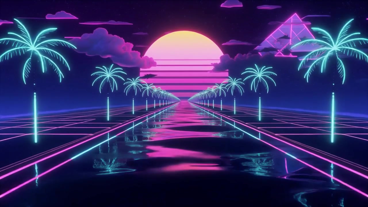 Paesaggio retro synthwave con palme al neon e tramonto