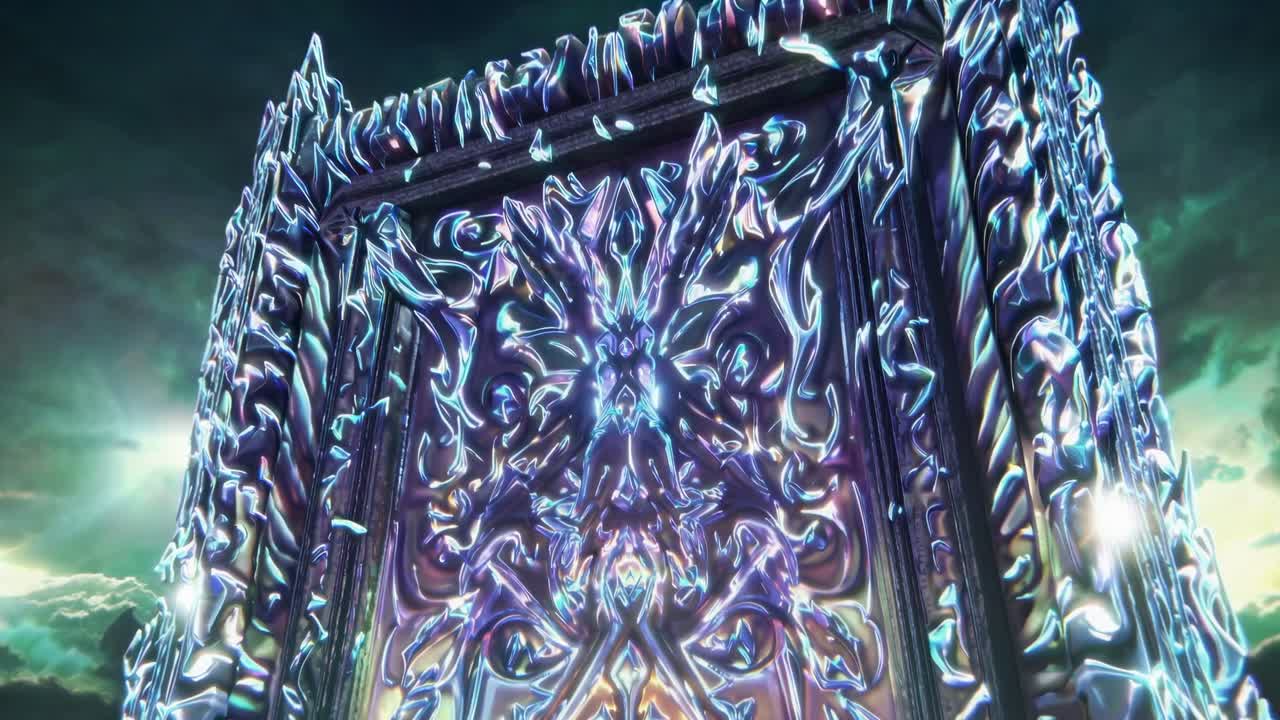 Detailed abstract design with intricate metallic patterns in vibrant iridescent colors