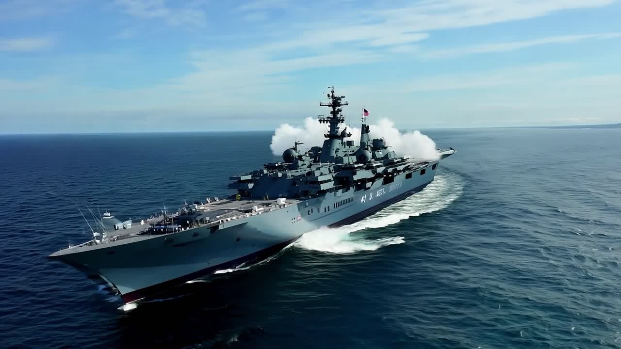 A warship sails across the ocean