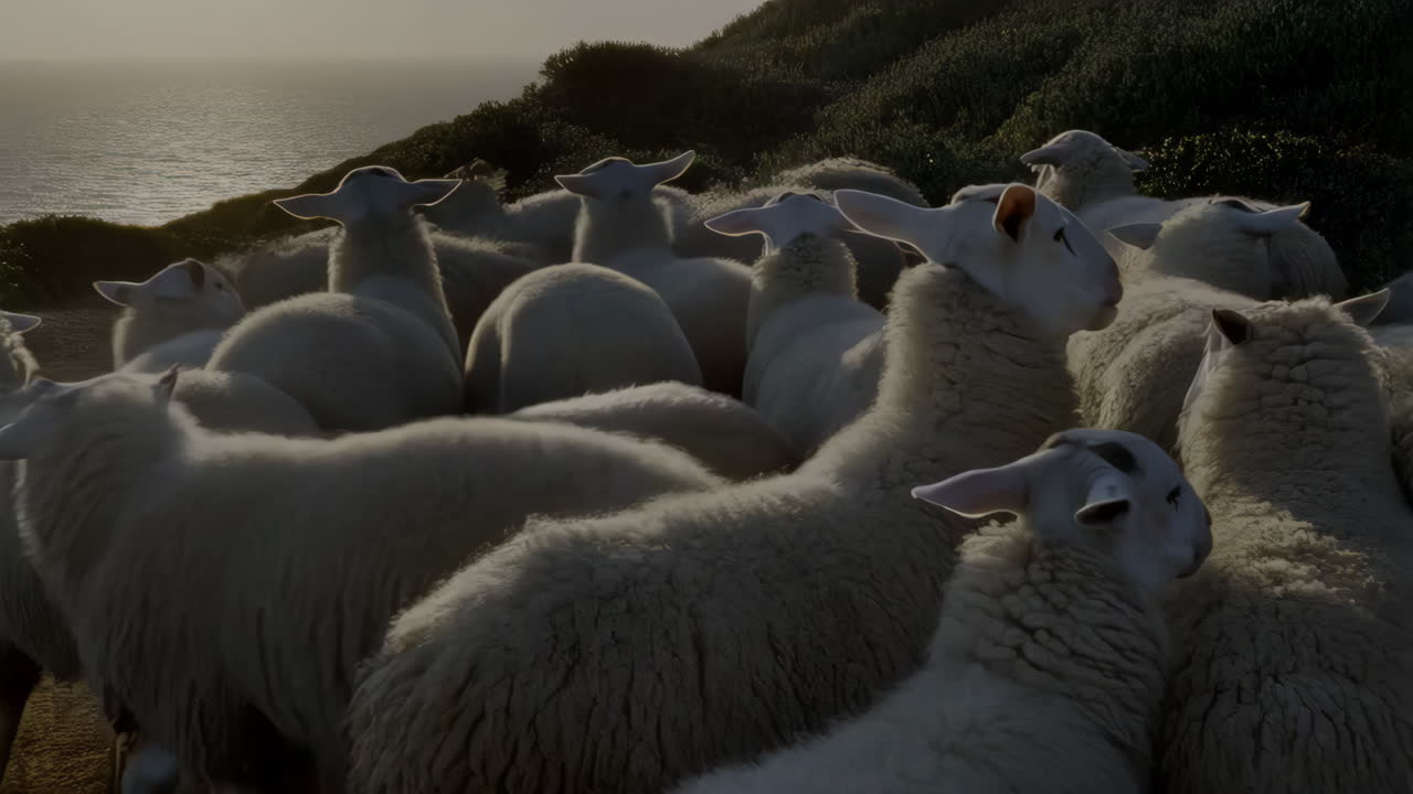 A flock of sheep on a coastal hillside at golden hour