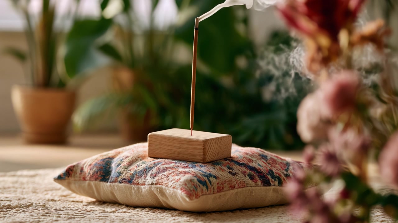 Un elegante porta incienso sobre un cojín decorativo en medio de una exuberante vegetación, capturando la esencia de la calma y la tranquilidad en un espacio sereno.