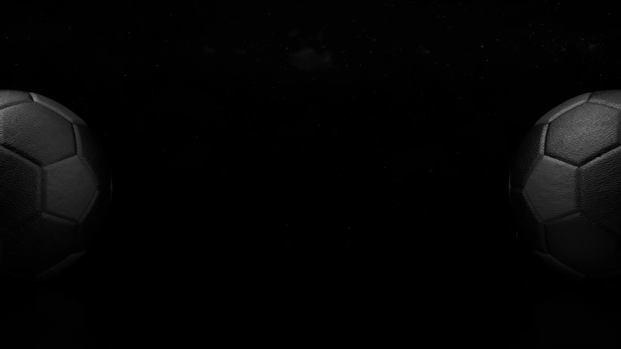 3d design of football balls on the dark background. Looped animation of rolling soccer balls from leather on the universe and stars background.