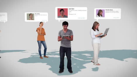 animation of diverse men and women with profile informations standing on world map