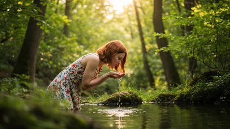 a young woman in a floral dress bends over a calm stream, capturing water in her hands as sunlight filters through the lush greenery of the enchanted forest