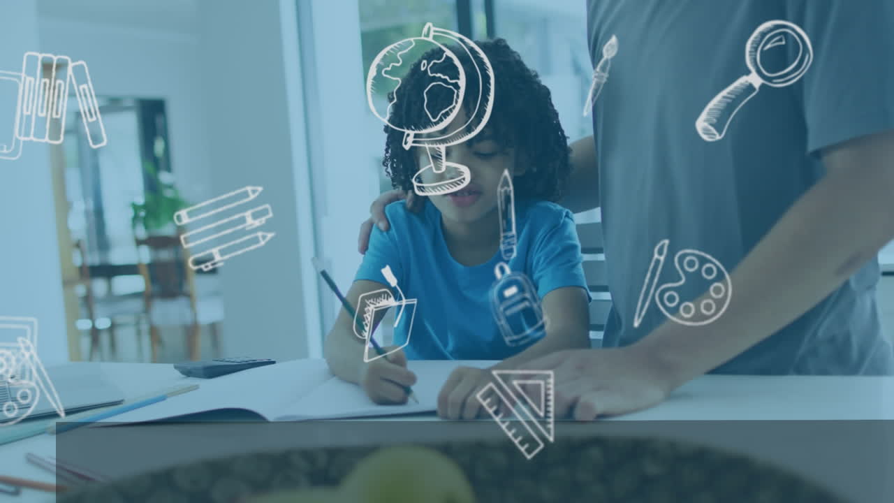 animación de iconos escolares sobre la sección media de un padre ayudando a su hijo biracial con la tarea en casa.