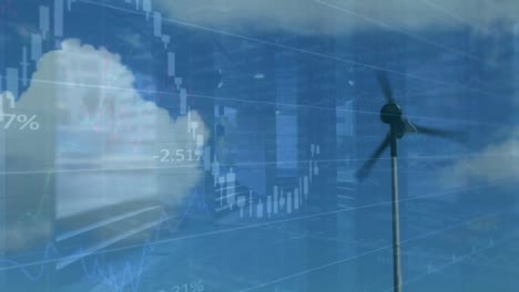 animation of financial data processing over wind turbine