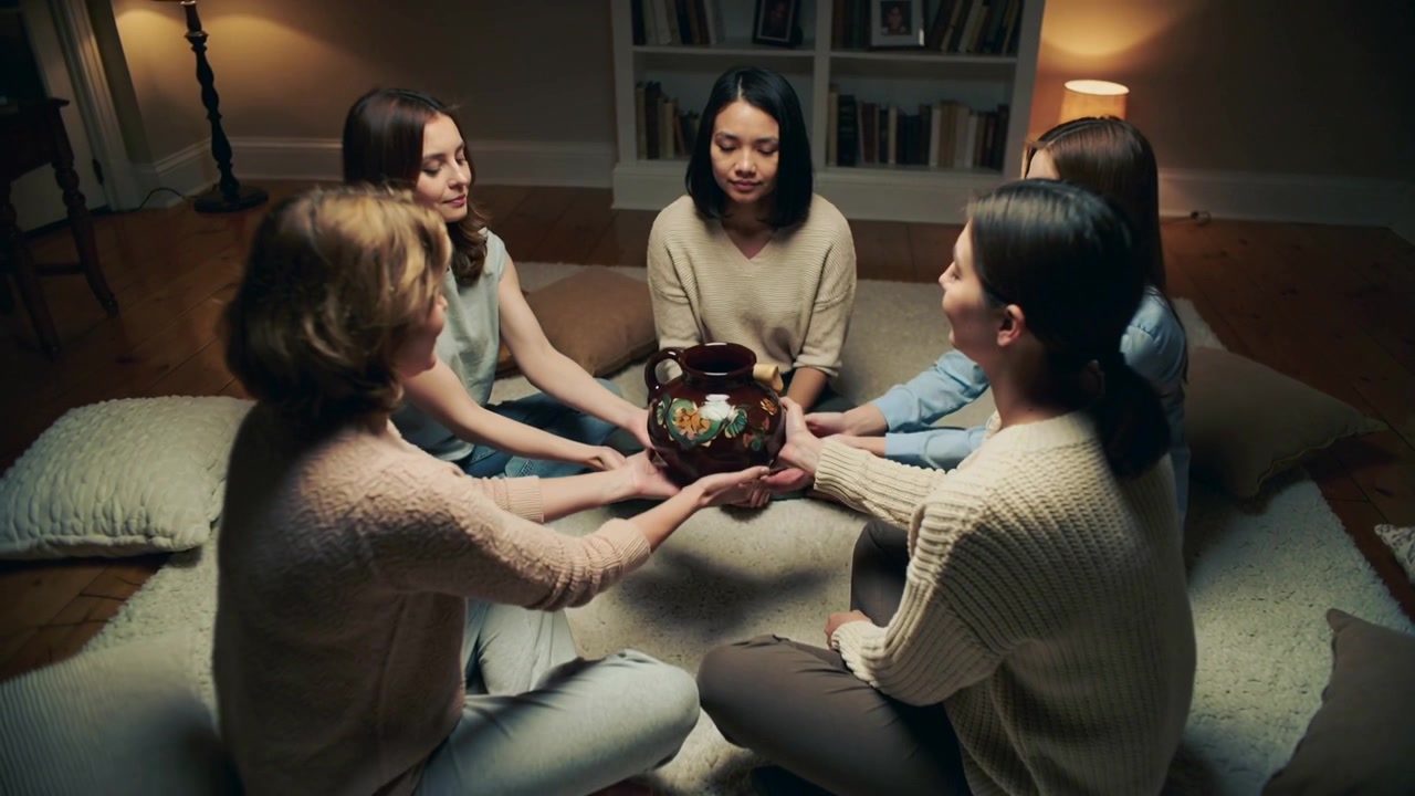 Kvinde rækker ud til højre og starter ritual, kvinder i trøjer rækker blomstret keramikskål derhjemme