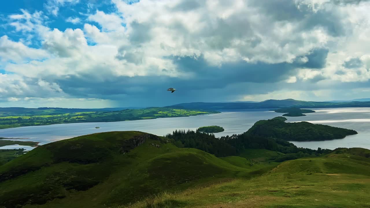 Loch Lomond, Highlands Lake From Conic Hill In Stirling, Scotland. - wide pan shot