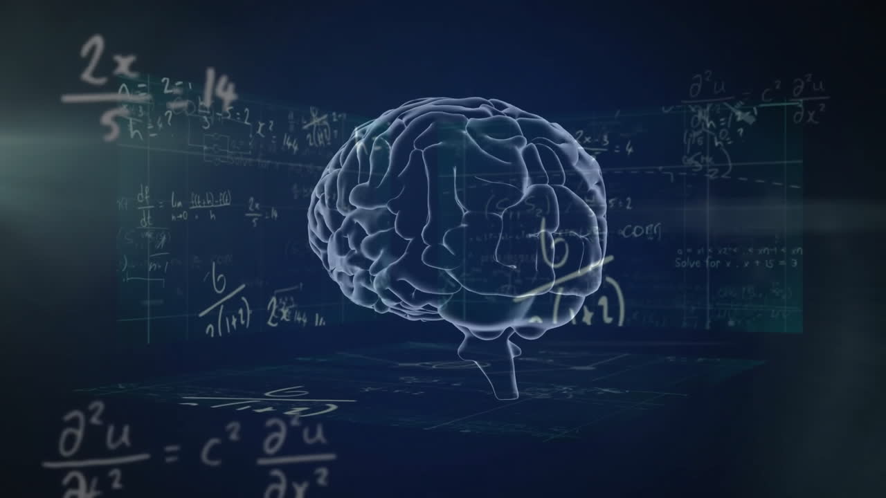 Animation of mathematical equations over spinning brain