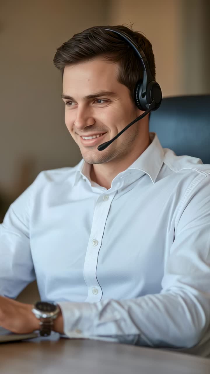 Vertical video: Smiling call center agent initiating call at desk with laptop, adjusting boom mic