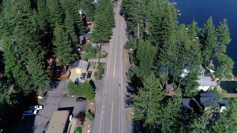 Dolly-forward-and-tilt-up-showing-neighborhood-surrounded-by-trees,-road,-cars,-and-houses