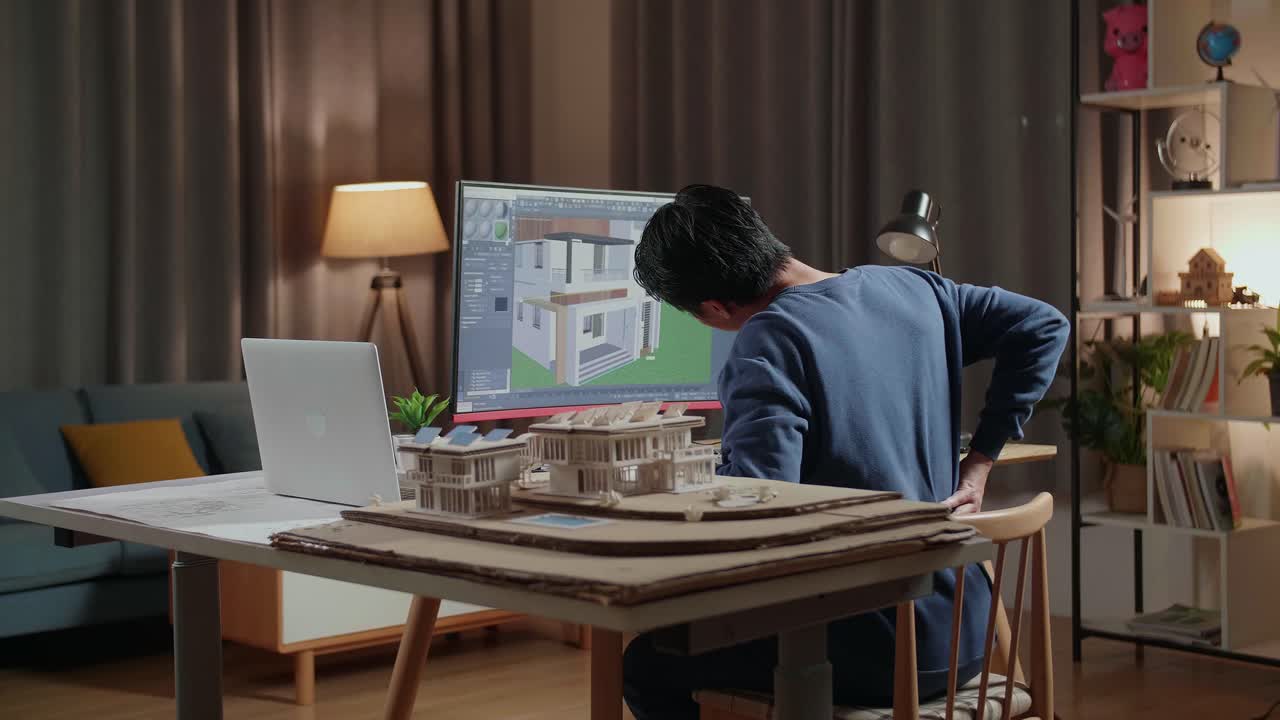 архитектор работает поздно ночью, испытывает боль в спине