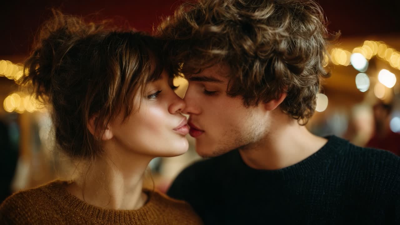 Captivating Intimacy: A Close-Up of a Young Couple Sharing a Tender Moment, Highlighted by Soft Lighting and Emotional Connection in a Cozy Setting