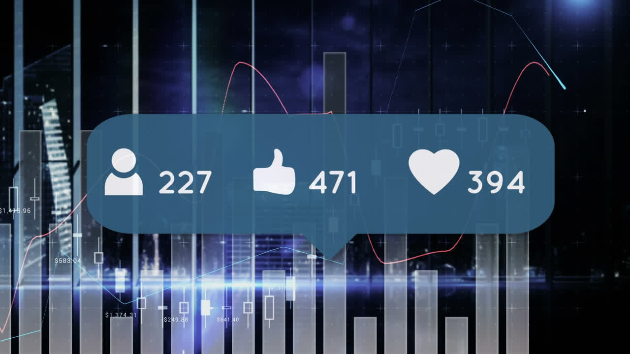 animación de iconos de redes sociales y números en aumento, sobre el procesamiento de datos en gráficos y gráficos