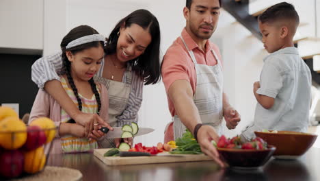 learning, kids and parents cooking in kitchen