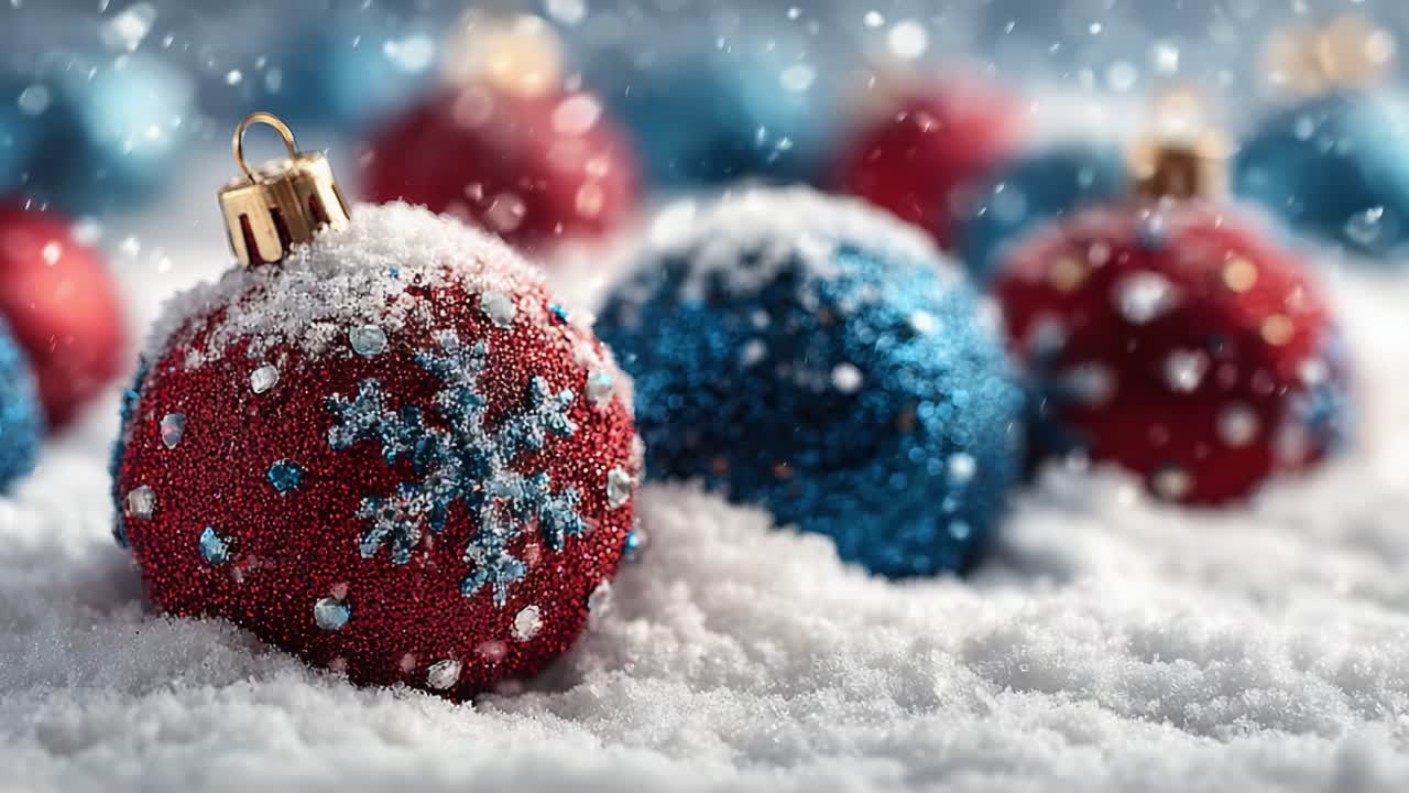 A Beautiful Arrangement of Red and Blue Christmas Ornaments Adorned with Snowflakes, Sparkling in a Winter Wonderland of Soft, Fresh Snow