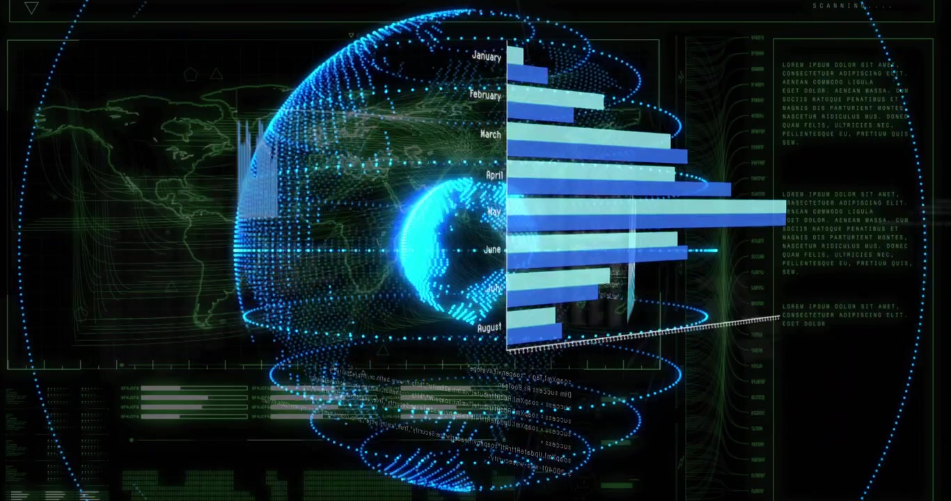 Interface revealing glowing 3D globe while bar charts sliding and rotating for data insights